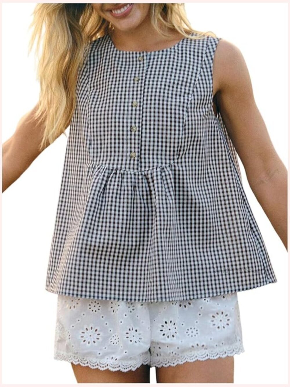 Gingham Babydoll Tank Top Peplum Blouse Going Out Shirt Sleeveless
